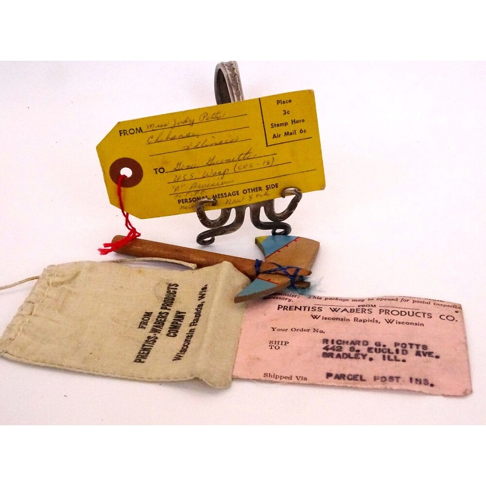 Vintage 1935 Prentiss-Wabers Co Mailing Bag & Souvenir Tomahawk Axe Mahomet IL